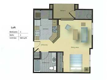 A floor plan of a loft with one bedroom and one bathroom, and a unit size of 560 sq.ft.