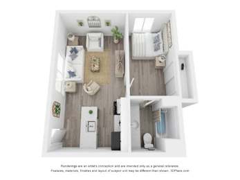 A 3D floor plan of a small apartment with a kitchen, living room, and bathroom.