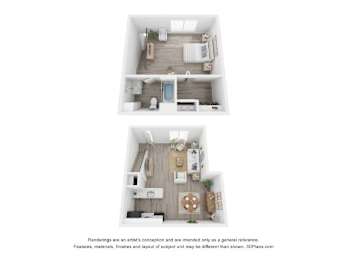 A floor plan of a small apartment with a kitchen, living room, and bathroom.