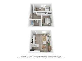 Two images of a small apartment layout with a kitchen, living room, and bedroom.