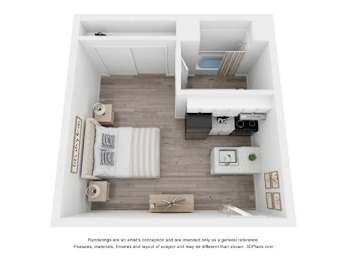 A 3D floor plan of a small apartment with a kitchen, living room, and bathroom.