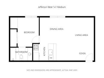 A floor plan of a 1 bedroom, 1 bathroom apartment with a living and dining area.