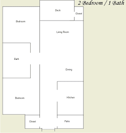 A diagram of a 2 bedroom/1 bathroom layout.