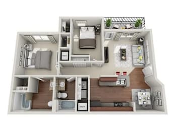 A 3D floor plan of a small apartment with a kitchen, living room, and bedroom.