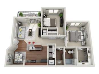 A 3D floor plan of a small apartment with two bedrooms, a living room, and a kitchen.