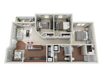 A 3D floor plan of a house with a kitchen, living room, and two bedrooms.