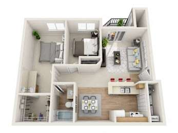 A 3D floor plan of a small apartment with a kitchen, living room, and bedroom.
