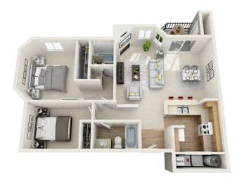 A 3D floor plan of a small apartment with a kitchen, living room, and bedroom.