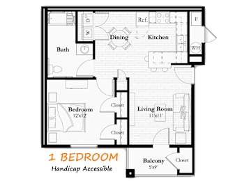 A floor plan of a one bedroom handicap accessible apartment.