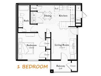A floor plan of a one bedroom apartment with a balcony.