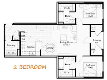 A 2 bedroom apartment floor plan with a living room, kitchen, dining area and bathrooms.