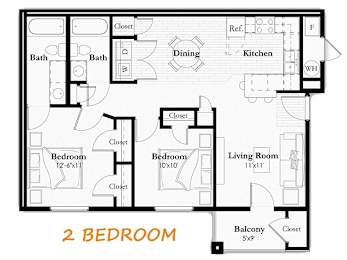 A black and white image of a 2 bedroom apartment layout.
