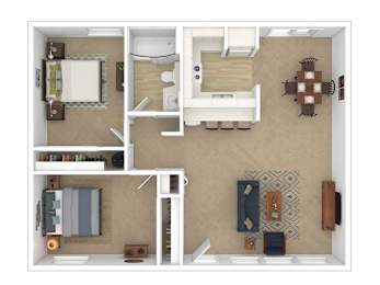 A top down view of a small apartment with a bedroom, living room, and kitchen.