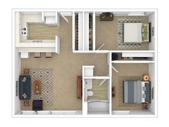 A floor plan of a small apartment with a kitchen, living room, and bathroom.