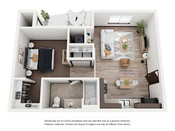 A top-down view of a modern apartment layout with a kitchen, living room, and bathroom.