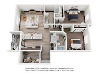A floor plan of a house with a kitchen, living room, and bedrooms.