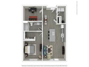 A floor plan of a house with a kitchen, living room, and two bedrooms.