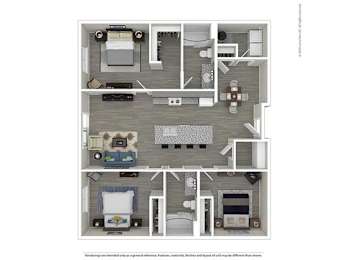 A floor plan of a house with three bedrooms, a living room, a kitchen, and a bathroom.