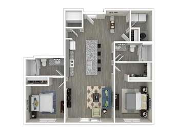 A floor plan of a small apartment with a kitchen, living room, and two bedrooms.