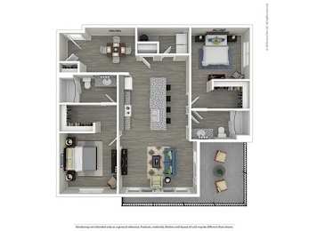 A floor plan of a house with a kitchen, living room, and two bedrooms.