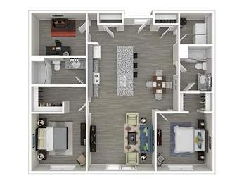 A floor plan of a small apartment with a kitchen, living room, and bedrooms.