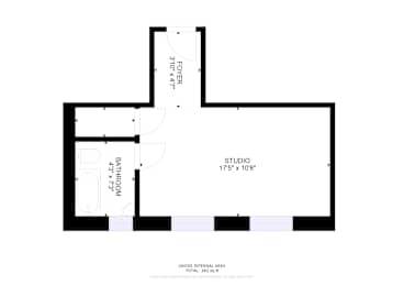 A floor plan of a studio apartment with a bathroom, a closet, and a studio space.
