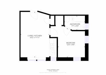 A floor plan of a house with a living/kitchen area, bathroom, and bedroom.