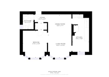 A floor plan of a house with a living room, dining room, kitchen, bedroom and bathroom.
