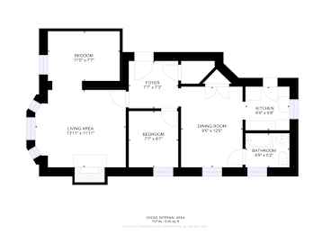 A floor plan of a house with a living area, two bedrooms, a dining room, a kitchen, a bathroom, and a foyer.