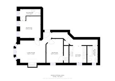 A floor plan of a house with a living room, two bedrooms, a bathroom, and a kitchen.