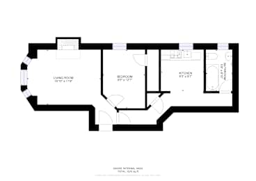 A black and white image of a floor plan for a home with a living room, kitchen, and bedroom.