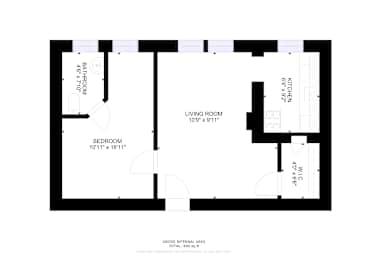 A floor plan of a house with a living room, kitchen, and two bedrooms.