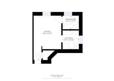 A floor plan of a studio apartment with a bathroom, kitchen, and studio space.