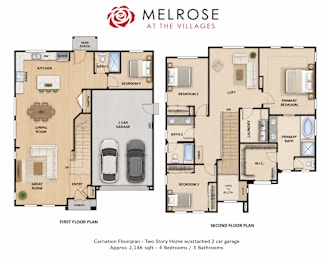 A floor plan for a two story home with attached garage.