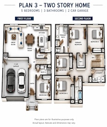 A diagram of a two story home with five bedrooms and three bathrooms.