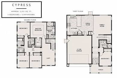 A floor plan for a property named Cypress, which is approximately 2,351 square feet, with 5 bedrooms and 3 bathrooms.