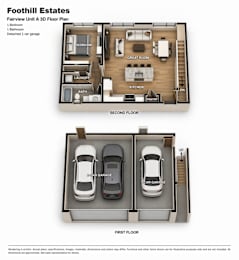 A floor plan of a Fairview Unit A 3D Floor Plan showing the layout of a bedroom, bathroom, laundry, great room, kitchen, and pantry.