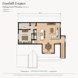 A floor plan for a Heritage Unit A at Foothill Estates, featuring a bedroom, bathroom, kitchen, dining area, and great room.