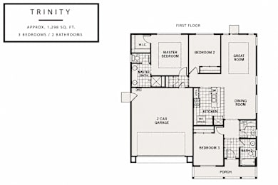 A floor plan for a property named Trinity shows three bedrooms and two bathrooms.
