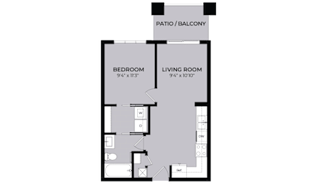 A floor plan of a house with a patio and balcony.