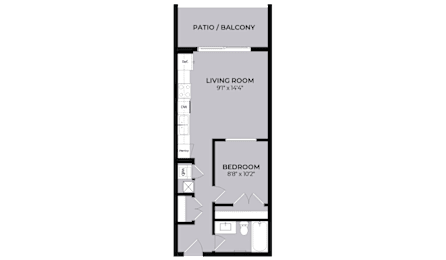 A diagram of a house layout with a living room, bedroom and patio.