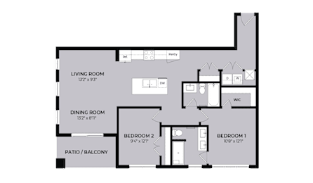 A floor plan of a house with a living room, dining room, two bedrooms, a patio, and a pantry.
