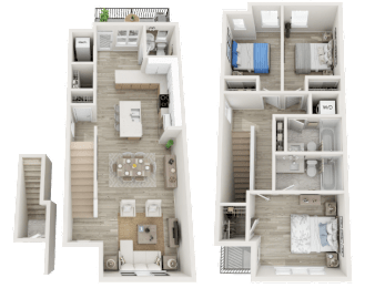 Two floor plan images of a house with a living room, kitchen, and bedrooms.
