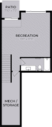 A floor plan shows a patio, recreation area, and mechanical/storage space.