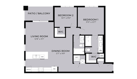 A floor plan of a home with a living room, dining room, two bedrooms, a patio, and a balcony.