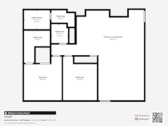 Floor Plan  A floor plan of a property with a kitchen, living room, and four bedrooms.
