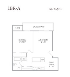 A drawing of a 1BR-A apartment that is 620 square feet.