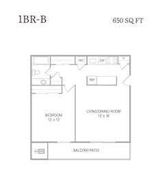 A floor plan for a 1BR-B apartment is 650 square feet and includes a living/dining room, bedroom, and balcony/patio.
