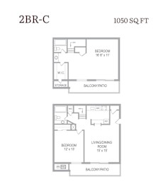 A floor plan for a 2BR-C apartment is 1050 square feet with two bedrooms, a living/dining room, a balcony/patio, and storage.