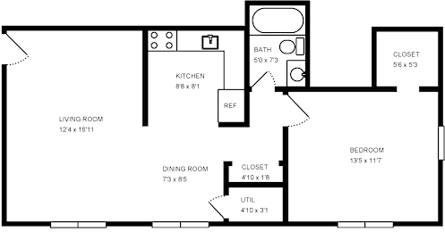 A floor plan of a house with a living room, dining room, kitchen, bedroom, and bathroom.